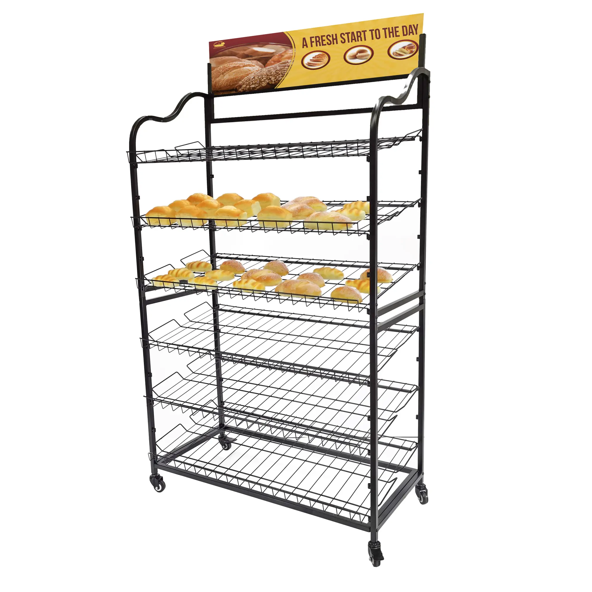 FixtureDisplays® Wide Metal Bakery Display Rack on Wheels, 6 Shelves with Header Holder, 39.5" Wide X 18.5" Deep X 67.8" Black 19399-New