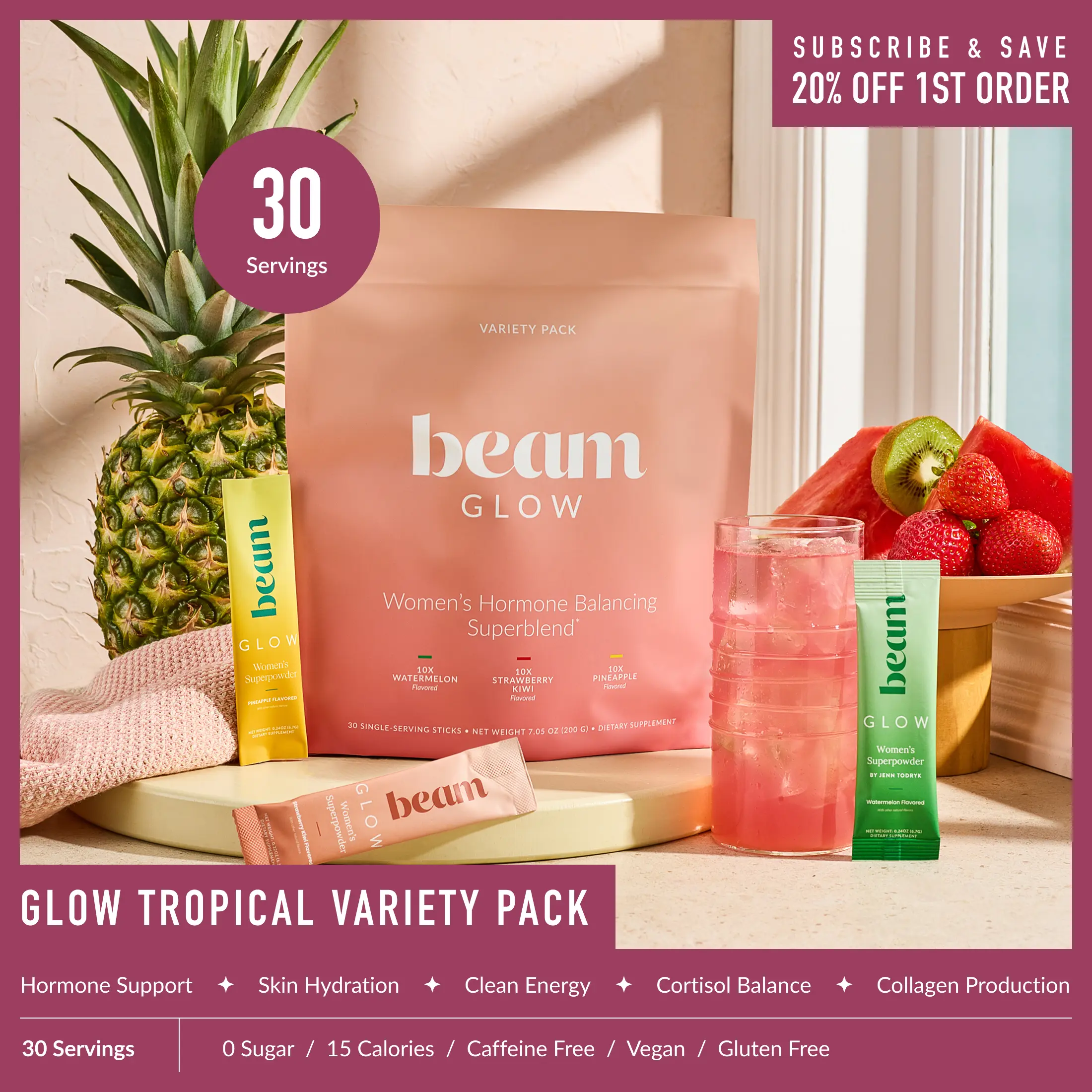 Beam Glow Variety Pack Low-Calorie B12 Dietary Collagen Supplement for Women - 30 Single-Serve Sticks, Glow Up Support for Hormone Balance, Skin, Hair, Nails & Metabolism Boost (4 Flavors) | Summer Sale