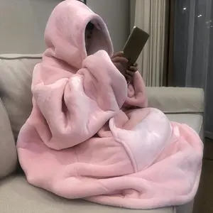 Super Soft Double-sided Wearable Hoodie Blanket, Comfortable Hooded Blanket With Kangaroo Pockets,  Christmas Gifts Pink Fabric