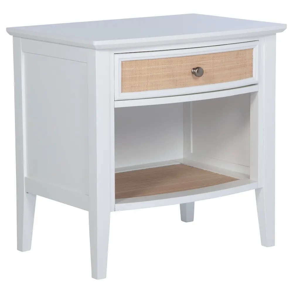 Bexhill Coastal 1-Drawer 1-Shelf Luxury Nightstand - Single Unit Indoor Furniture Side Table with Natural Rattan Accents, White Bedroom Storage Bedside Table