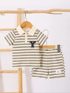 Boys' Striped Casual Summer Set, Polo Collar Short Sleeve Shirt & Shorts, Comfortable 2-Piece Clothing for Daily Wear Striped Sets Clothes Kids