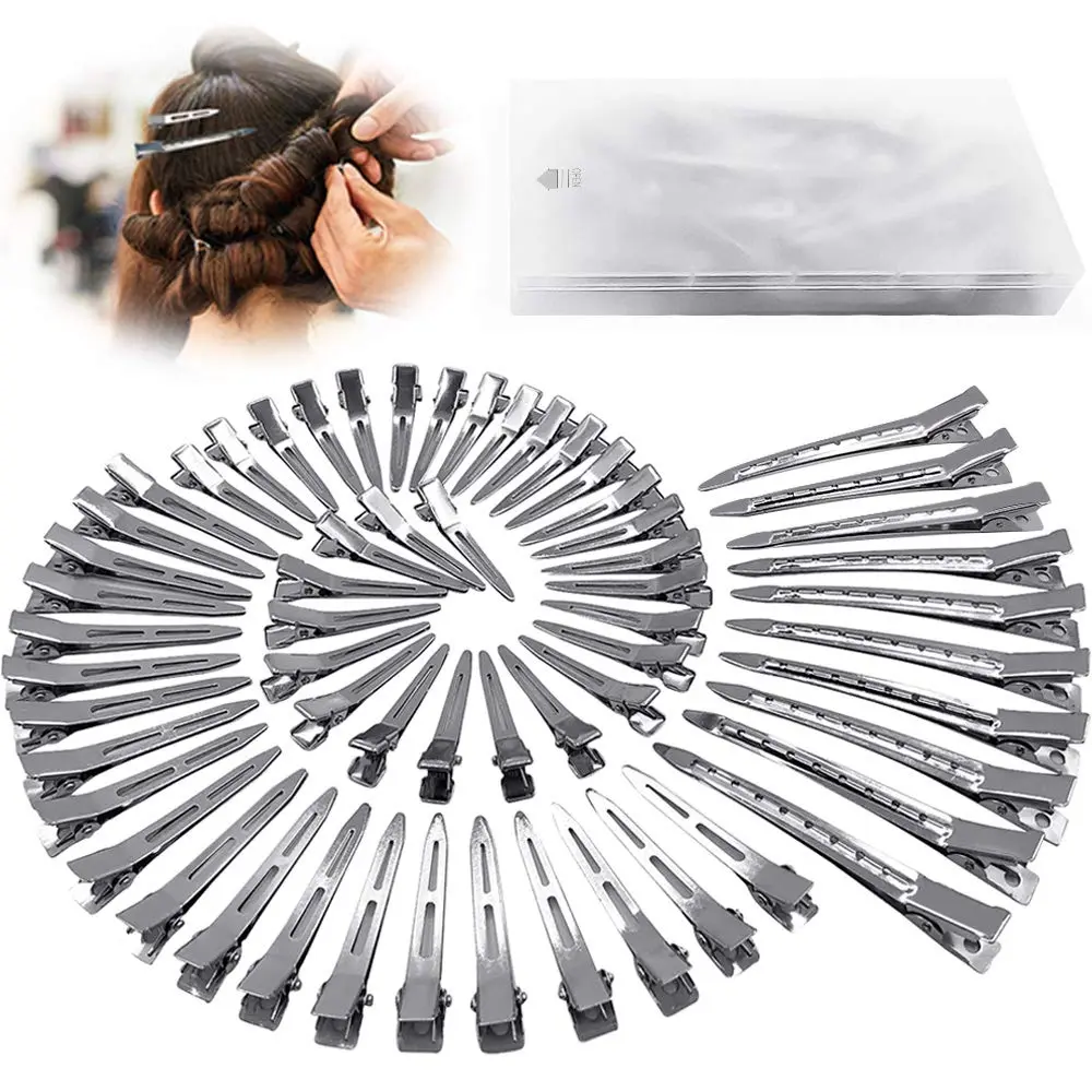 60Pcs Metal Duck Billed Hair Clips for Women Styling Sectioning, Silver Hair Pins for Long Hair, Alligator Curl Loc Clips for Thick Hair Roller