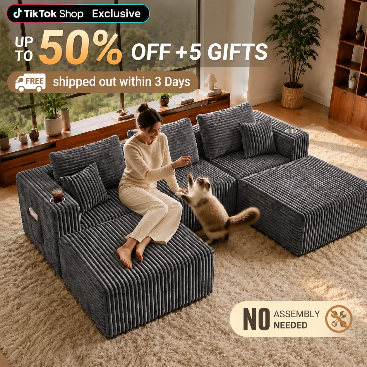 【2 Packages Shipping】104"&70" Optional Sizes Plush Corduroy Cloud Velvet Modular Boneless Couch, extra deep seat, no assembly required, ideal for living rooms, bedrooms and apartments
