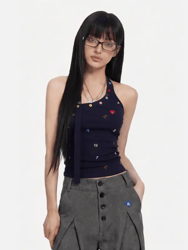 Aelfric Eden Asymmetric Halter Top Colorful Number & Heart Embroidery Slim Fit Stretch Rib Knit Casual Streetwear Women's Top, Strap, Spandex, Halter Neck, Asymmetrical