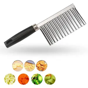 Crinkle Cutter Knife Stainless Steel Cutting Tool for Potato Carrot Chip Vegetable French Fry, Wavy Chopper Wave Slicer Steel Blade, Kids Lunch Accessories (Long Black Handle)