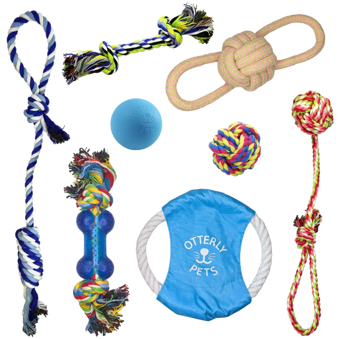 Otterly Pets 8 Pack Rope and Rubber Toys for Small Dogs - Solid Rubber Ball, Rope Frisbee & Six Sturdy Rope Toys, 100% Cotton, Machine Washable