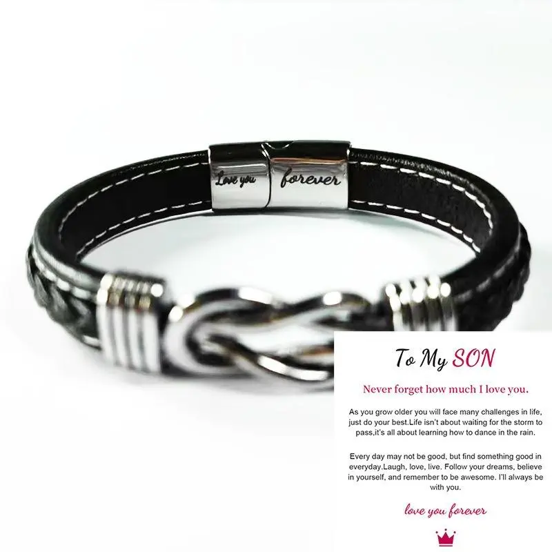 Leather Bracelet "To My Son" Engraved Name Stainless Steel Gift for Men Grandson Husband Special Occasions