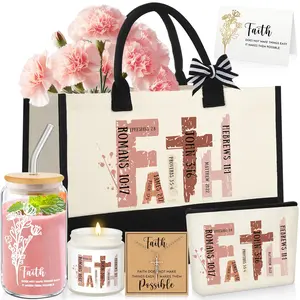 Christian Gifts for Women Easter Faith Religious Gifts with Tote Bag Makeup Bag Candle Cross Necklace Cup Greeting Card for Birthday Church Study Supplies, Gift for Christian Girl Mom Wife, Elegant Easter Gift for Sunday Prayer, Mother's Day Gift