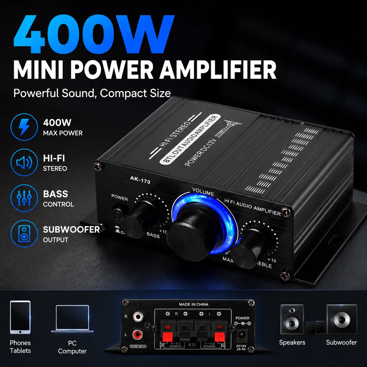 Compact 2-Channel Portable Audio Amplifier - 400W Max, 20W+20W, 12V DC Aluminum Alloy Digital Stereo Module with Bass, Treble, Volume Control, Blue LED Display for Car/Home Use, Compatible with g10 p15 Mixer Speaker DIY, Lights, Radio, Karaoke, Automatic