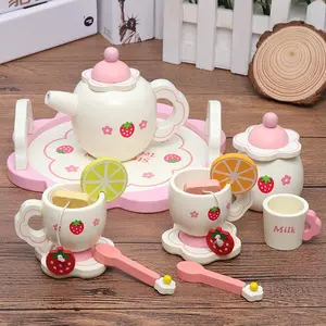 Wooden Tea Set, 1 Set Strawberry Pattern Afternoon Tea Set Role Playing Game Toys, Pretend Play Kitchen Playset, Toddler Play Kitchen for Gifts