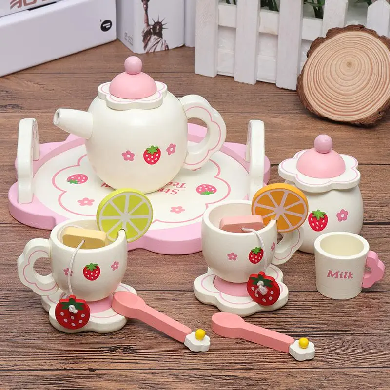 Wooden Tea Set, 1 Set Strawberry Pattern Afternoon Tea Set Role Playing Game Toys, Pretend Play Mini Kitchen Playset, Toddler Play Kitchen for Gifts, Wooden Play Kitchens
