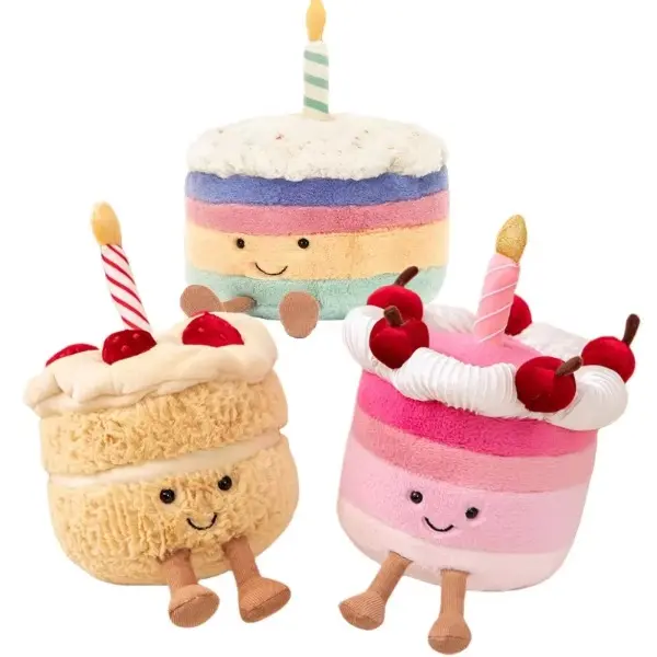 Kawaii Aesthetic Smile Cake-Shaped Plush Toy - Plush Fabric Stuffed Cherry Dessert Doll with Candle, Unisex Cute Collectibles for Kids’ Birthday Gifts, Party Decorations