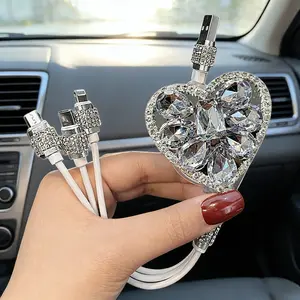 Cute Sparkly Heart Charging Cable 3-in-1 USB Multi Crystal Aesthetic Girly Fast Charge Car Accessory Phone Gift for Her Viral TikTok