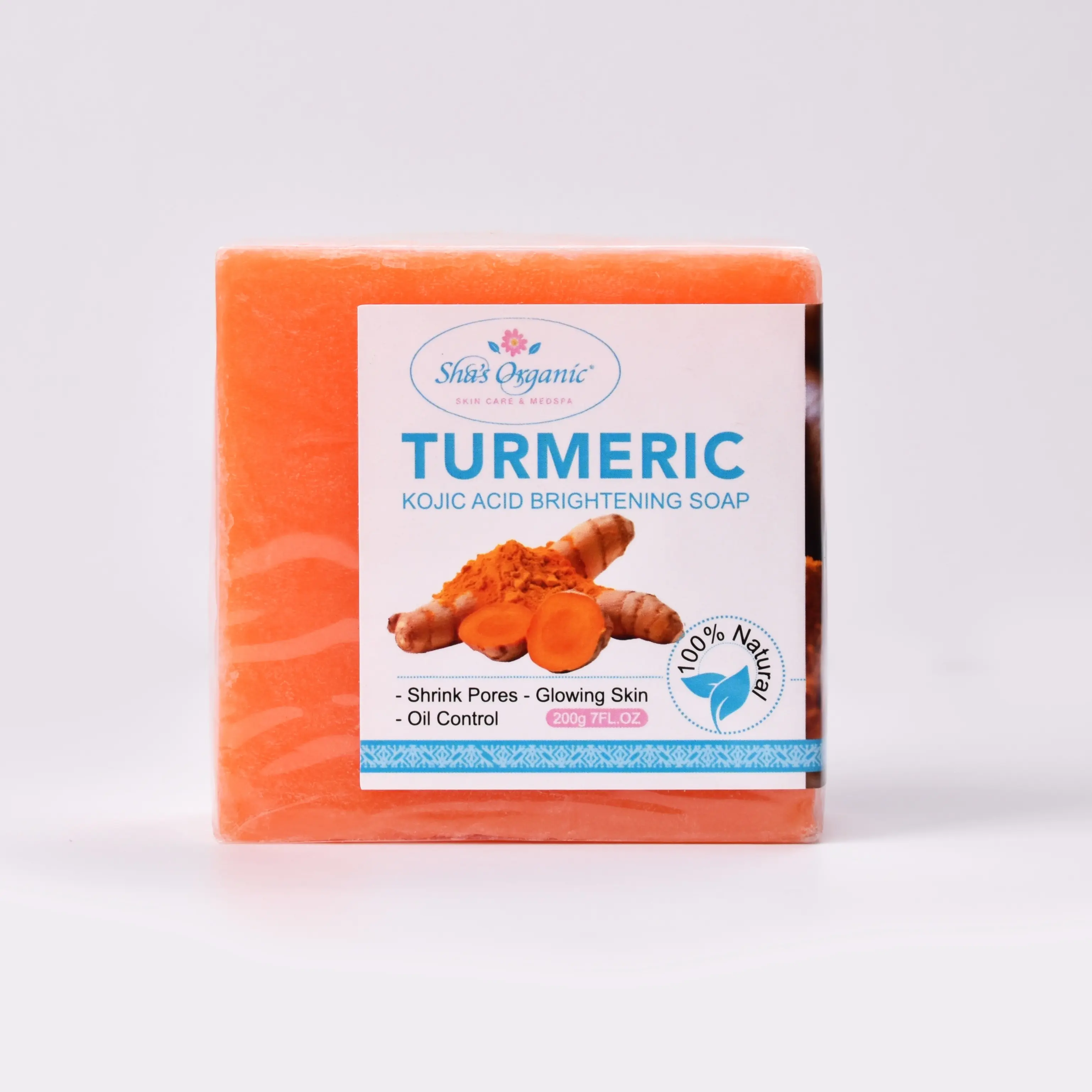 Sha's Organic Skincare Turmeric Bar Soap - Honey, Kojic Acid, Shea Butter & Lemon Cleanser, Soothing for Acne Care, Oil Control, Brightening, Soft Skin (US Market, All Skin Types, Facial & Body Beauty Routine), Single Item, Kojic Acid Soap, All‑Skin Frien