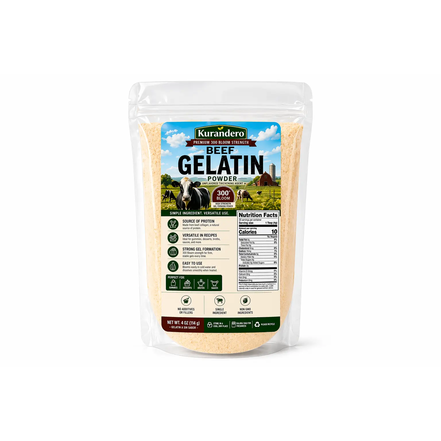 Kurandero Beef Gelatin Powder 4 oz 114g Premium 300 Bloom Unflavored Grass-Fed Beef Protein for Gummies Baking Coffee & Smoothies High Gel Strength