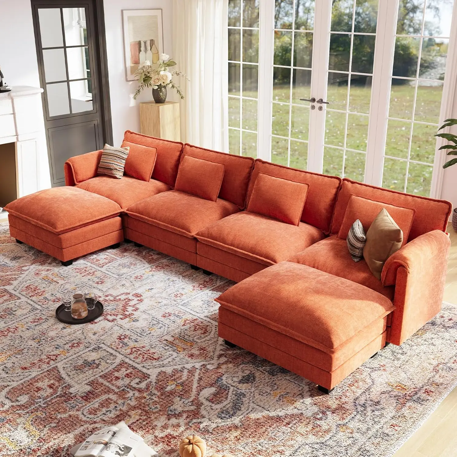 summervibes ABCASA 150" Modular Sectional Sofa, Comfy Cloud Couch, L & U Shaped Deep Seat Sofa Couches for Living Room, 6-Seat Modern Sofa with Throw Pillows & Movable Ottoman, DIY Combination, Chenille