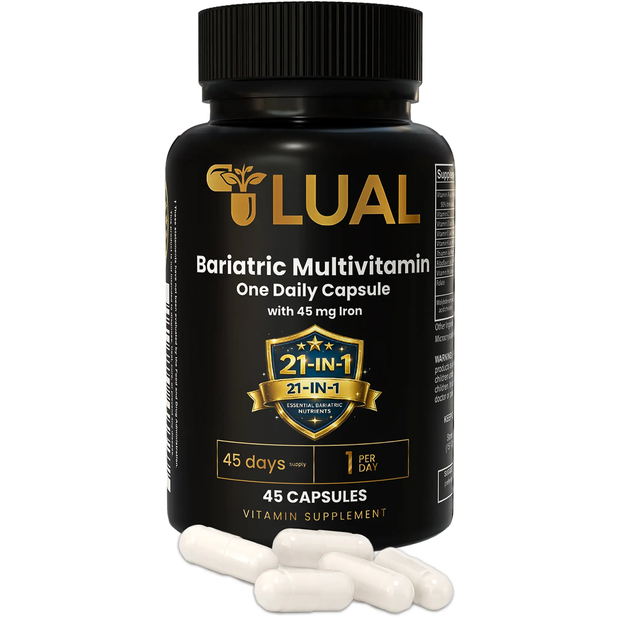 LUAL Bariatric Multivitamin with 45mg Iron, 21-in-1 Healthcare Formula, 1 Daily Vegetarian Capsule, 45-Count Bottle