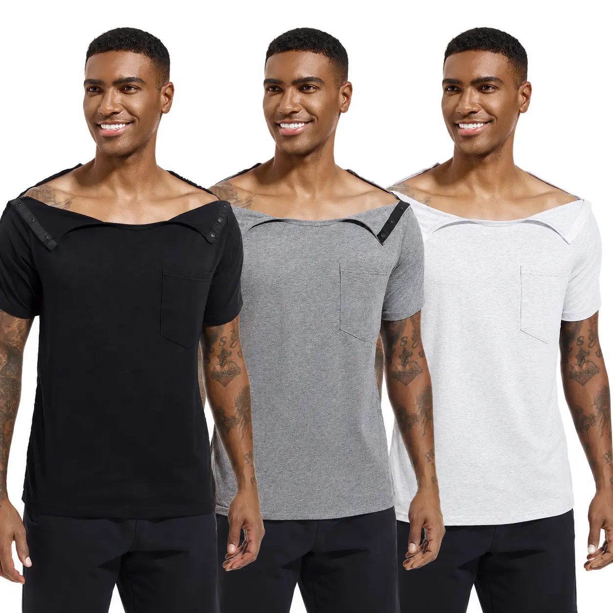 Landofgenie Men's Adaptive Recovery Short-Sleeve T-Shirt - Snap Closure Post-Op Top for Shoulder Surgery, Elderly Dressing Aid, Stretchy Cotton Blend, Caregiver Friendly, Classic Round Neck