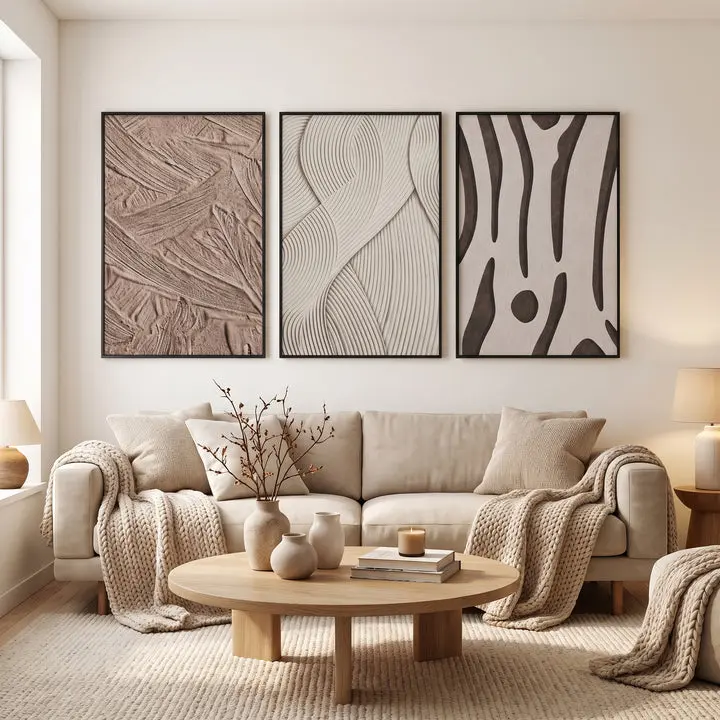 Tribesigns Large Beige & Brown Abstract Wall Art Set of 3, 24x36 In Sandstone Textured Canvas Prints, Modern Minimalist Wall Decor for Living Room, Bedroom & Office