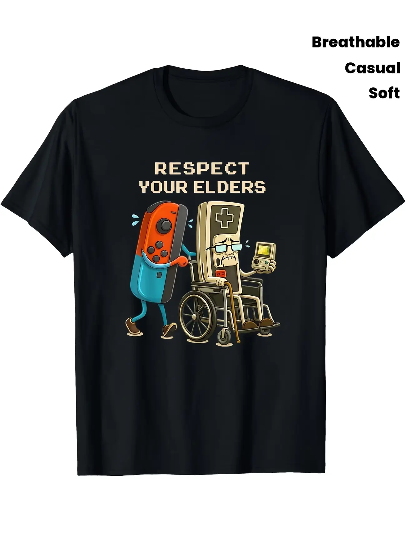 Men's Retro Gaming T-Shirt Suitable for Casual Wear - Soft Breathable Crew Neck Short Sleeve with Vintage Game Controller & Respect Elders - Machine Washable Summer Top for Gamers, Nostalgic Gift for Retro Tech Apparel