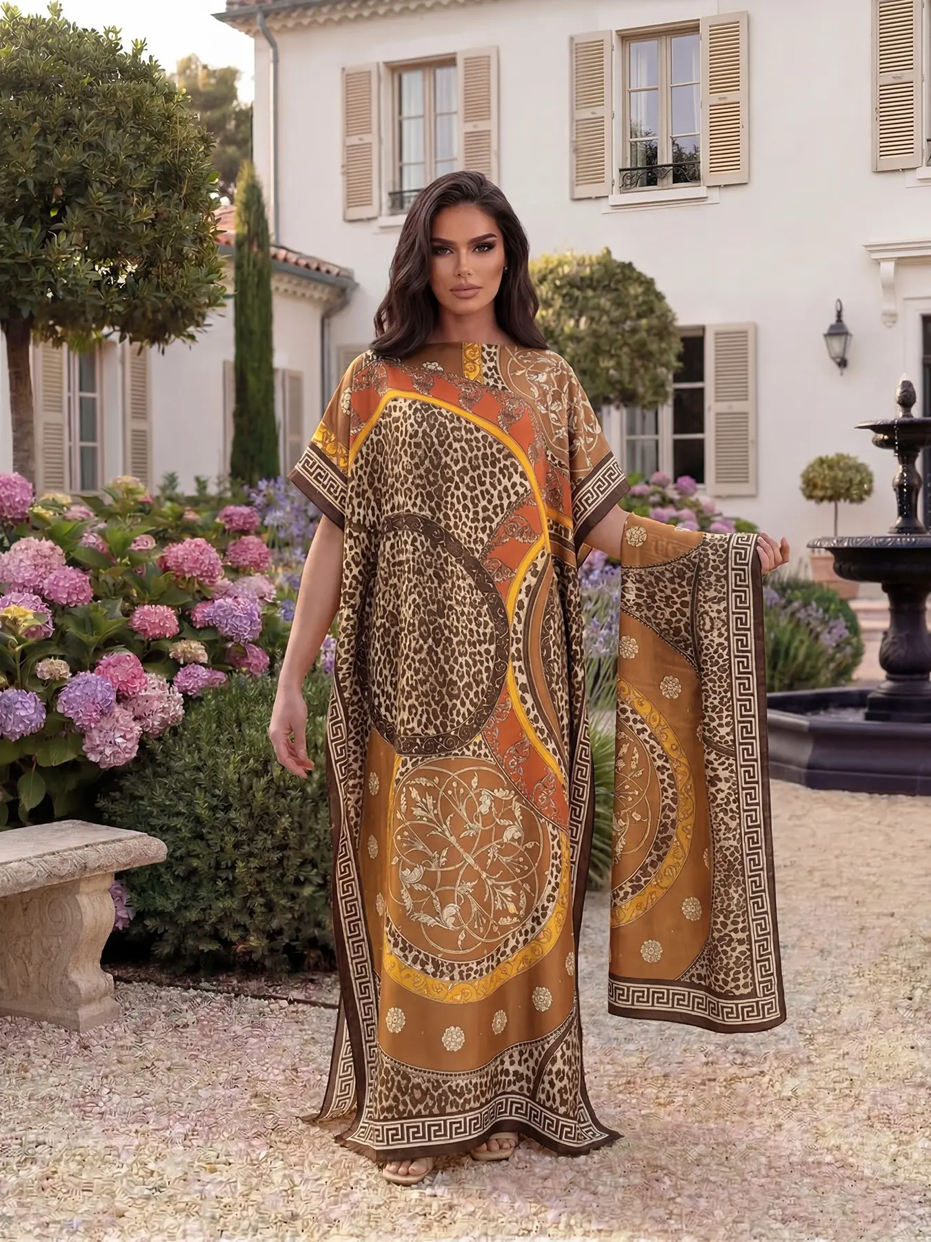 Fashion Leopard-Print Shawl Set, Sexy Fitted Long Robe and Headscarf, Sun-Protection Silk Scarf for Beach, All-Season Wear, Beach Cover Up