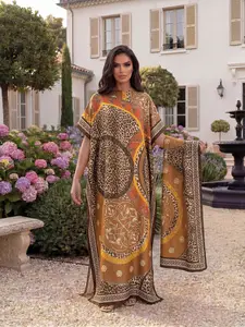 Fashion Leopard Print Shawl Set, Sexy Fitted Long Robe with Headscarf, Sun Protection Silk Scarf for Beach, All Seasons Wear
