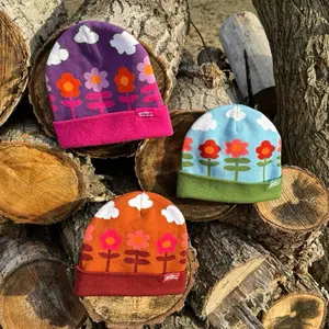 Floral Beanie Colorful Beanie Whimsical Winter Hat with Vibrant Flower Patterns and Fun Cloud Accents Bonnet White Caps