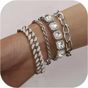 Sanfenly Chunky Gold Silver Bracelets for Women Set 18K Gold Plated Simulated Diamond Tennis Bracelet Rhinestone Cuban Link Chain Bracelet Thick Stainless Steel Punk Bracelet Stack 7&8 Inch