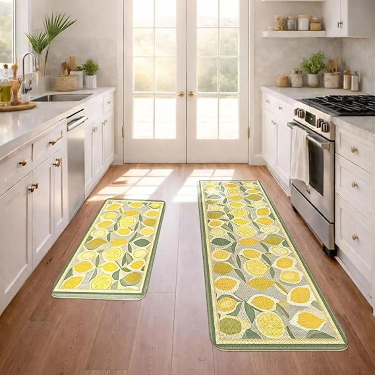Lemon Fruit Pattern Flannel Indoor Kitchen Mat, Non-Slip Absorbent Kitchen Runner Floor Rug, Fresh Summer Farmhouse Kitchen Decor Mat