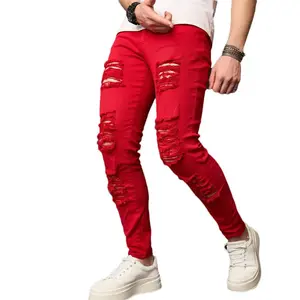 Men's Red Streetwear Holes Stretch Skinny Jeans Trousers HipHop Distressed Slim Fit Denim Pants for Casual Wear SpringStatements