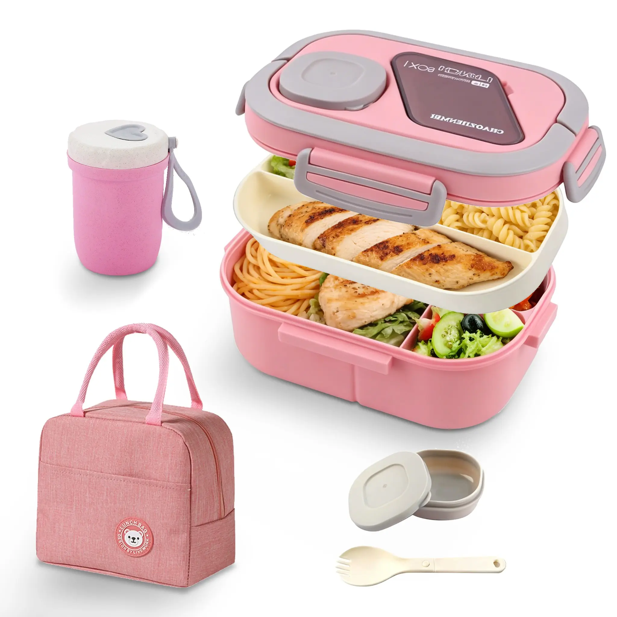 3 Pcs Portable Lunch Container Set for Adults & Kids, Insulated Lunch Box, Meal Prep Containers Reusable, All-in-1 Bento Lunch Box Kit for Adult Meal Prep Lunch Snack, Includes Bento Box, Soup Cup, Lunch Bag, Keeps Food Fresh & Flavor Separate