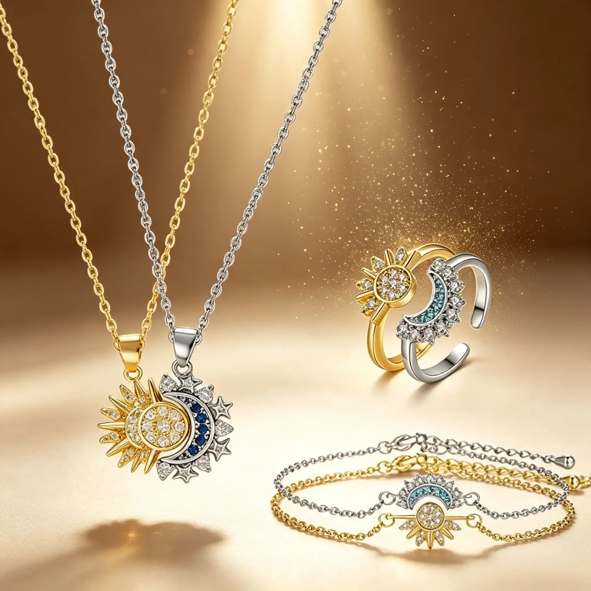 Sun Moon Magnetic Matching 3-Piece Jewelry Set Adjustable Necklace Bracelet Ring Combo Trendy Matching Ornament Elegant Daily Wear Accessory Romantic Present For Pair Matching Daily Dating Outfit Decor