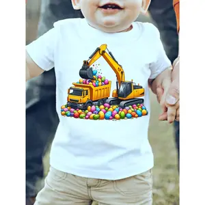 Boys' Cotton Crew Neck T-Shirt, Fitted Cut, Easter Excavator Art Print, Creative Trendy All-Seasons Fashion Casual Top