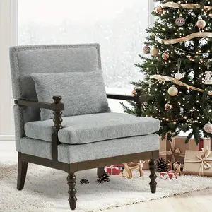 Modern Linen Accent Armchair with Lumbar Support Pillow - Upholstered Spindle Design with Solid Wood Frame, Perfect for Living Room, Bedroom, Office & Balcony