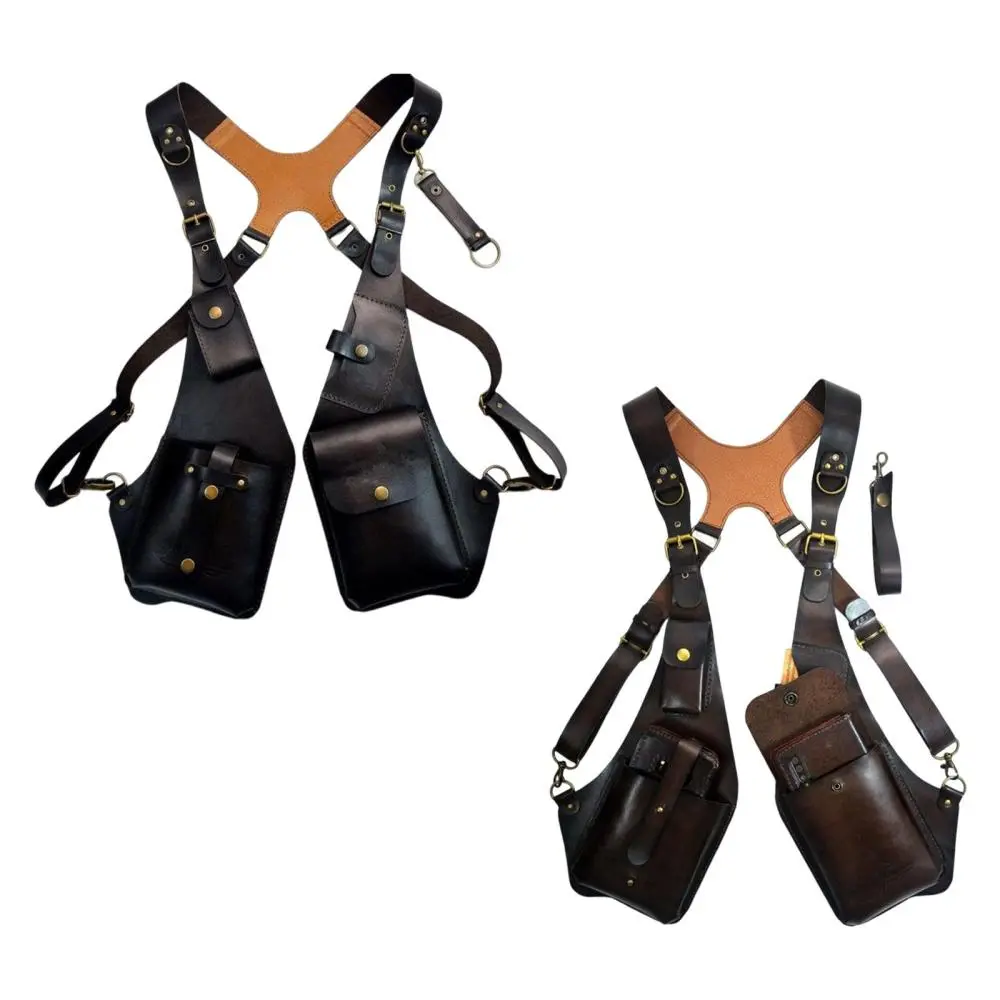 Steampunk Double Wallet Shoulder Harness Bag - PU Leather, Riveted Detail, Adjustable Buckles, 53-64cm Belt Bag for Car Interior Stowing & Tidying (Men, Women)