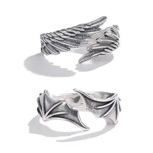 Vintage Angel Wing Demon Eye Hip Hop Adjustable Couples Rings for Men Women Retro Silver Color Jewelry New