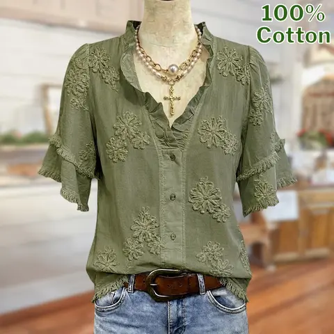 Women's Sage 100% Cotton Ruffled Blouse - Basic Shirts for Women, Preppy Sweet Floral Embroidery V-Neck, Short Puff Sleeves, Striped Cuffs, Button Closure, Soft Romantic Fit Vintage Casual Summer Top for Daily Wear, Beach Vacation