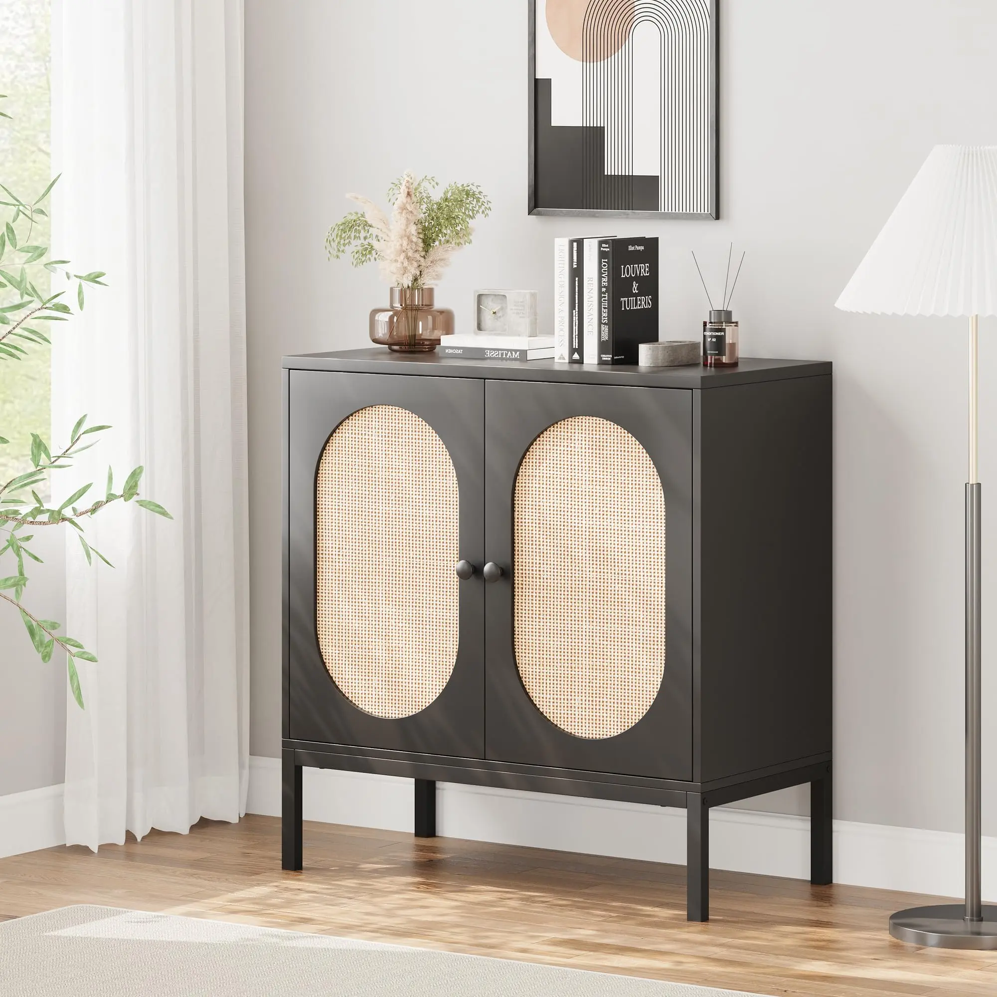 Garvee Black Rattan Sideboard Buffet Cabinet with Wooden Storage Console Table, Adjustable Shelves, Rattan Decorated Doors, Plain Metal Feet, Boho Accent Furniture for Entryway, Hallway, Living Room, Dining Room, Kitchen, 80x35x79cm