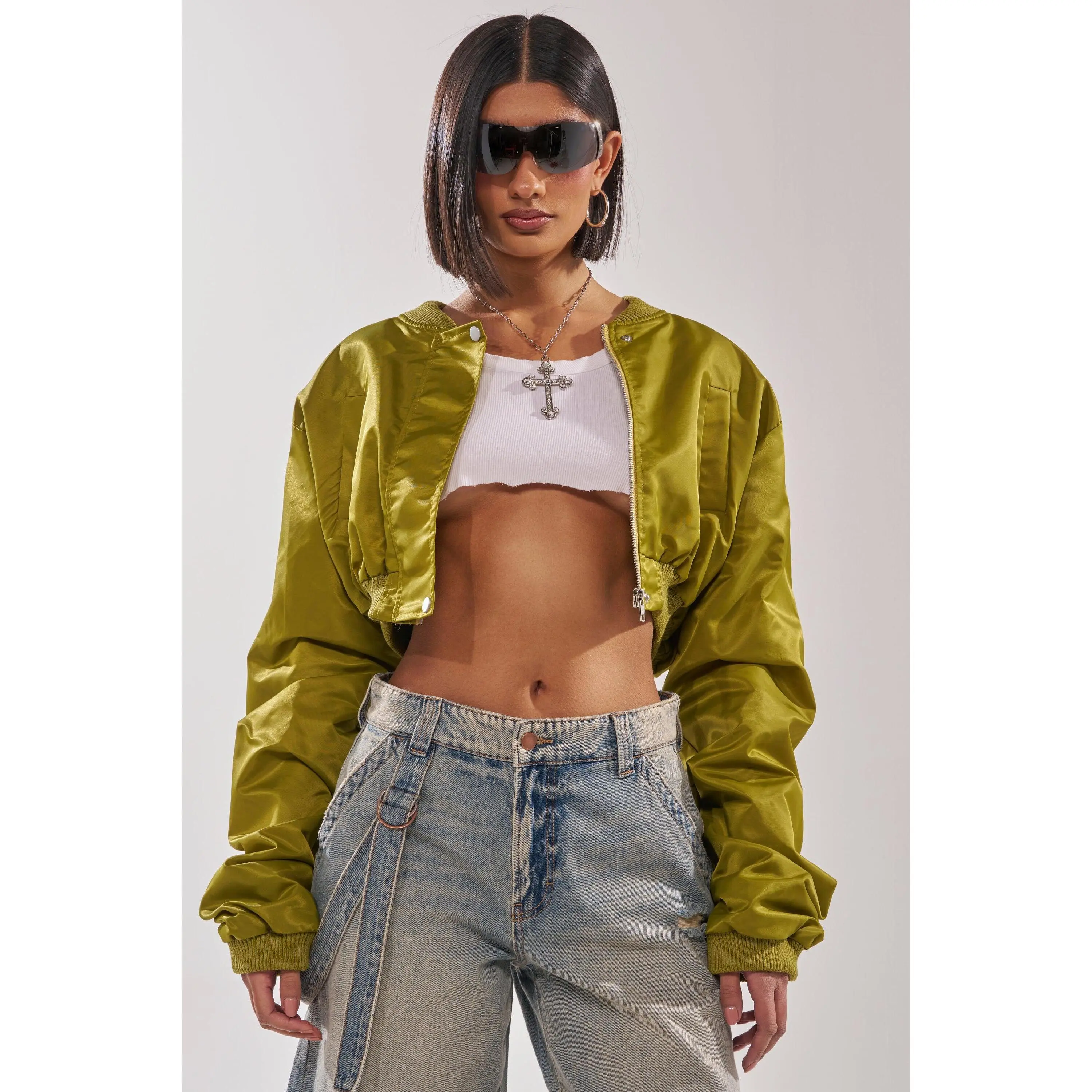 TAKE IT EASY CROPPED BOMBER IN GREEN