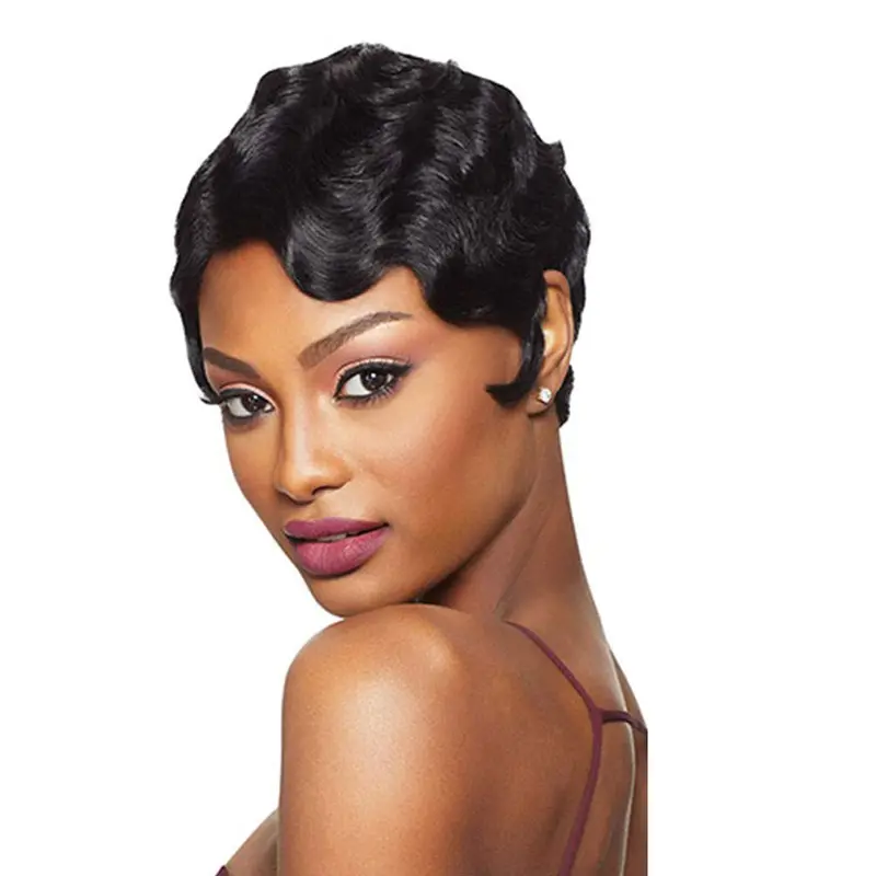 Women's 6-in Glueless Black Finger Wave Brazilian Virgin Hair Pixie Cut Wig - Black Women Wigs for Daily Wear & Costumes, Short Full Machine Wavy Style