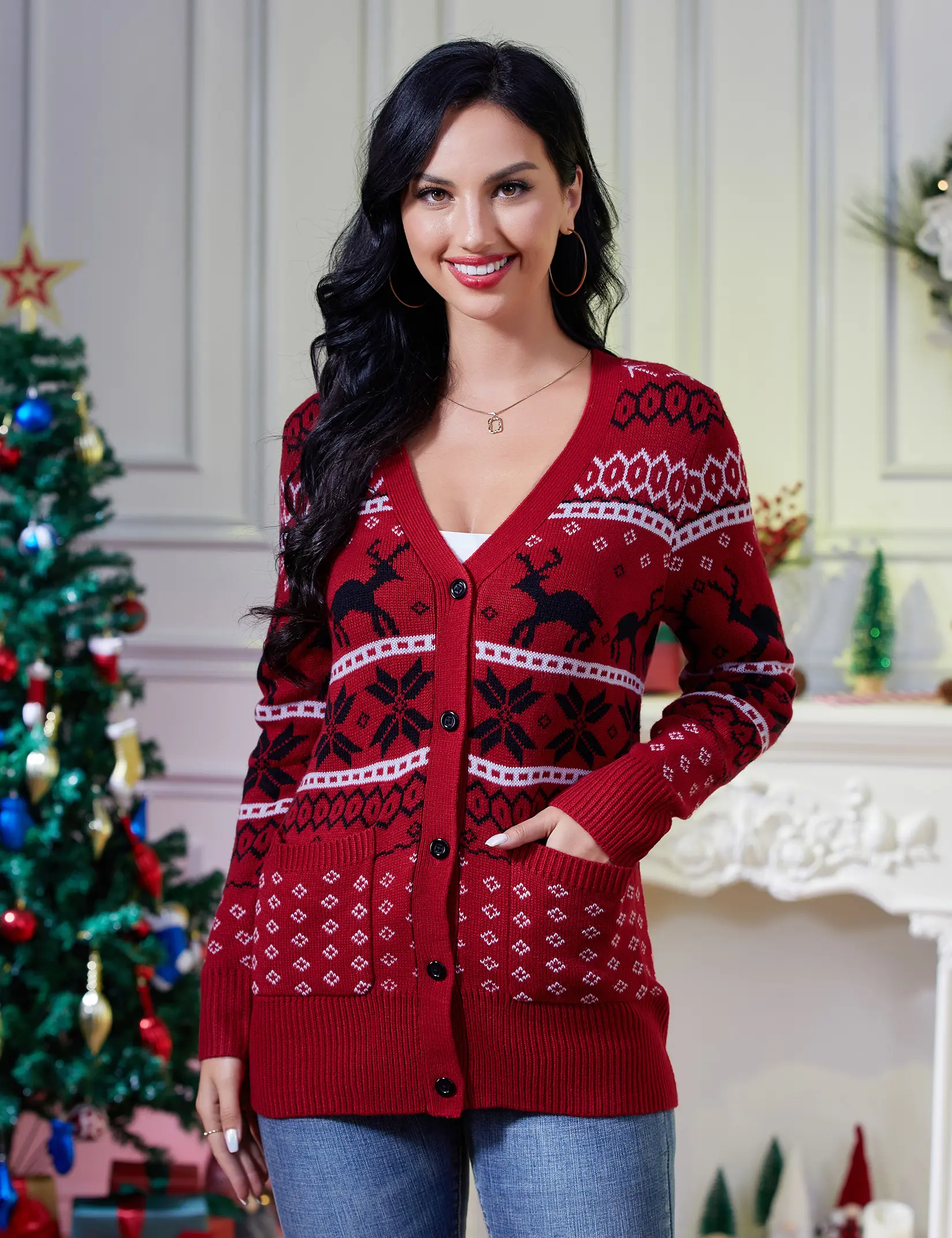 Women Christmas Reindeer Snowflake Print Cardigan Sweater, V Neck Button Up Knit Outerwear with Pockets, Long Sleeve Loose Casual Holiday Sweater for Fall Winter Xmas Party, Red Black Green Multi Sizes-DTY