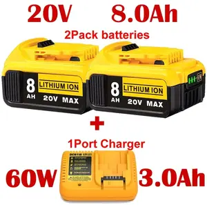 【Compatible dewalt20v】Purchase 2 batteries and receive an additional charger 2Pack 20V 8Ah Lithium Battery Replacement for Dewalt Compatible with DCB200 for dewalt Power Tools lithium battery Compact XR Design, Long-Lasting dc series max cordless drill
