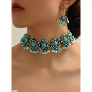 Vintage Turquoise Necklace & Earrings Set, Boho Western Jewelry for Women, Trendy Cowgirl Festival Accessories for Vacation, Rodeo & Y2K Aesthetic Outfits