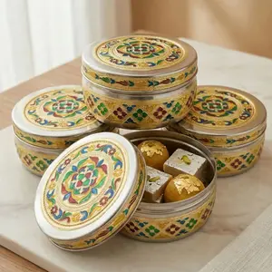 Exquisite Meenakari Sweet Box | Stainless Steel Round Tin for Weddings, Festivals & Gifting | Elegant, Multipurpose Storage
