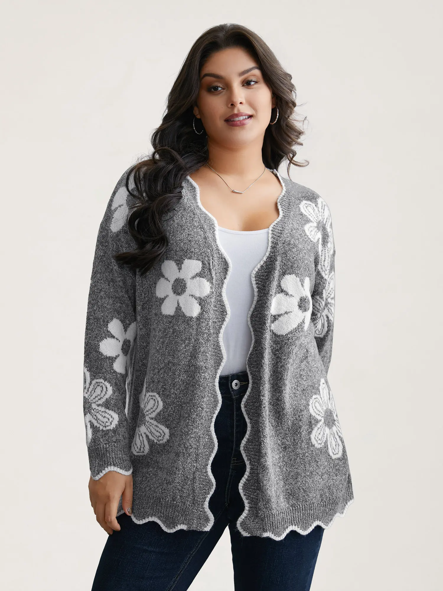 BloomChic Women's Floral Print Open-Front Cardigan, Casual Polyester Knit Top with Drop Shoulders and a Relaxed Fit, Fashion Casual Top, Low Iron, Affordable Fashion, Full Sleeves, Open-Front Cardie, Knitwear, Cardigan For Women, Plus Sizes, Regular Lengt