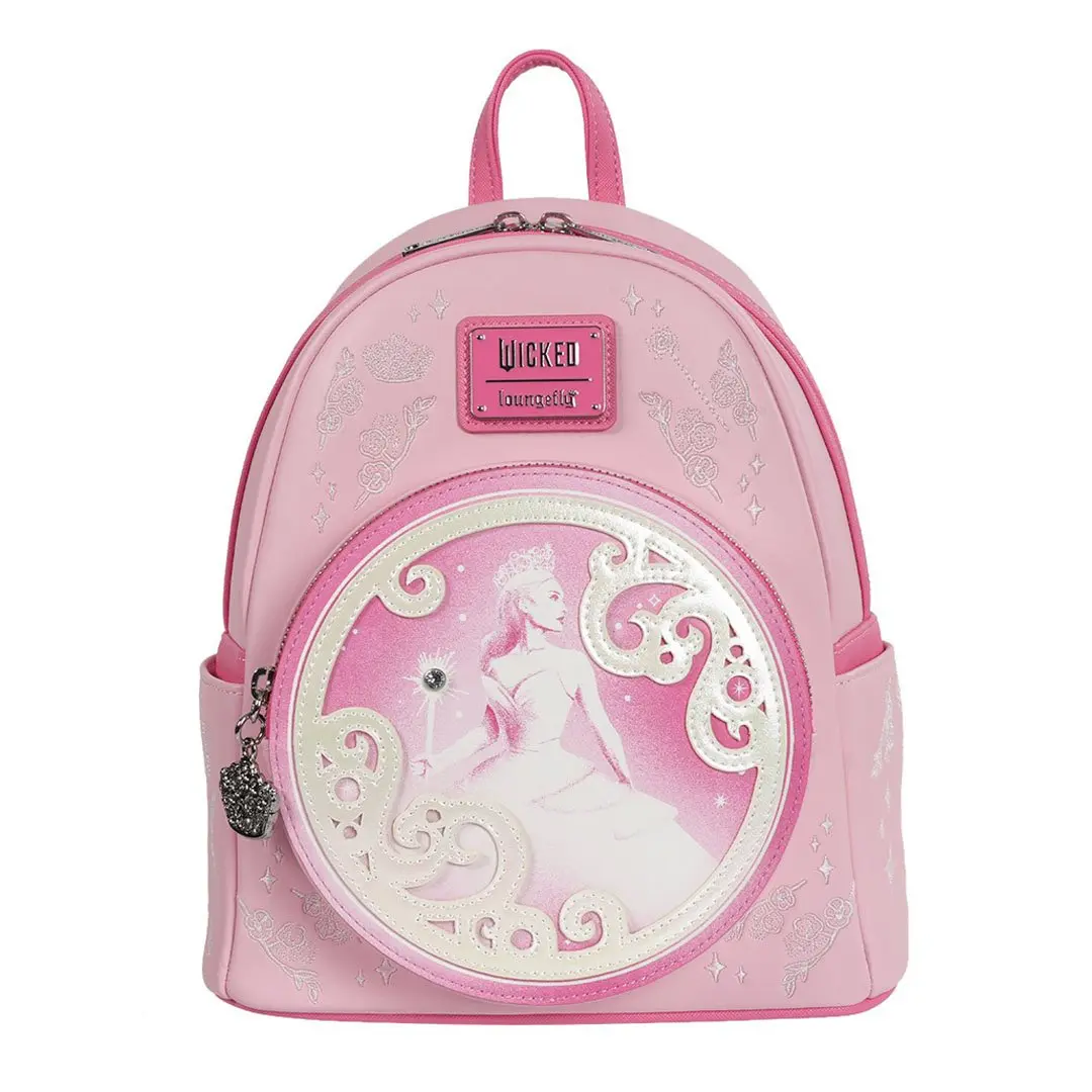 Loungefly Glinda Inspired Wicked Film Tie-in Mini Backpack - Faux Leather, Rhinestone, Bubble Swirls, Enamel Zip Charm, Crown Embroidery, Zip Closure, 8.5" L x 10" H x 6" D, Entertainment Earth Exclusive, Oz-tacular Collectible, Compact