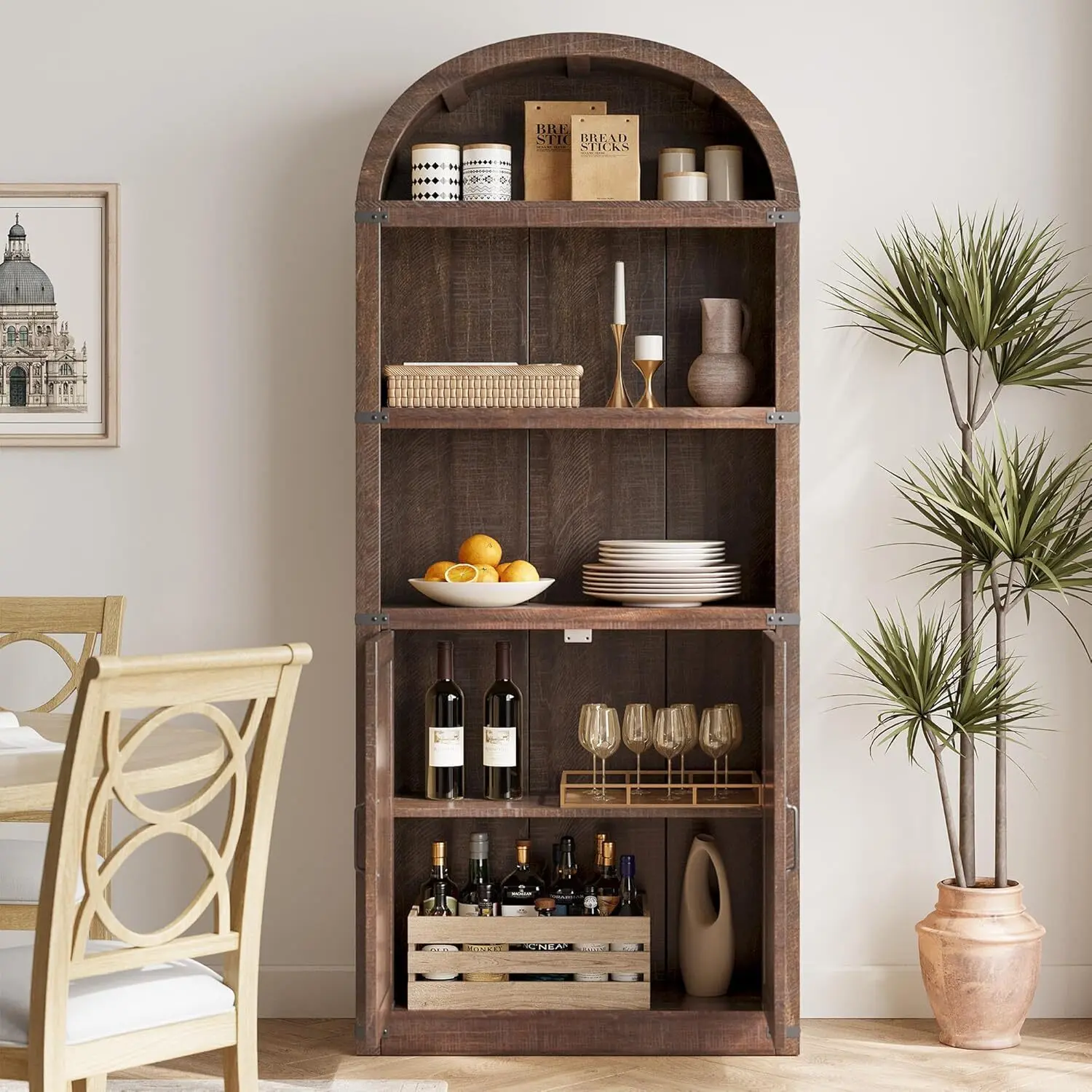 Gaomon 71in Tall Rustic Bookshelf - MDF Wood Grain Farmhouse Cabinet with Arched Doors, Arched Top, Sturdy Base, Metal Shelves, for Home Office/Living Room, Home Library Storage, Reddish Brown Commercial Office Furniture, Home Storage Solutions