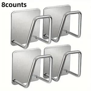 8-Piece Hook Set, Stainless Steel Sponge Holder, No-Drill Sink Drain Storage Rack, Self-Adhesive Drying Rack, Kitchen & Bathroom Organizer, Self Adhesive Hooks