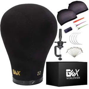 GEX 20"-24" Canvas Cork Wig Block Mannequin Head for Wig Making Drying Styling Display with Table C Clamp Stand Holder (Black 22") GEXWORLDWIDE