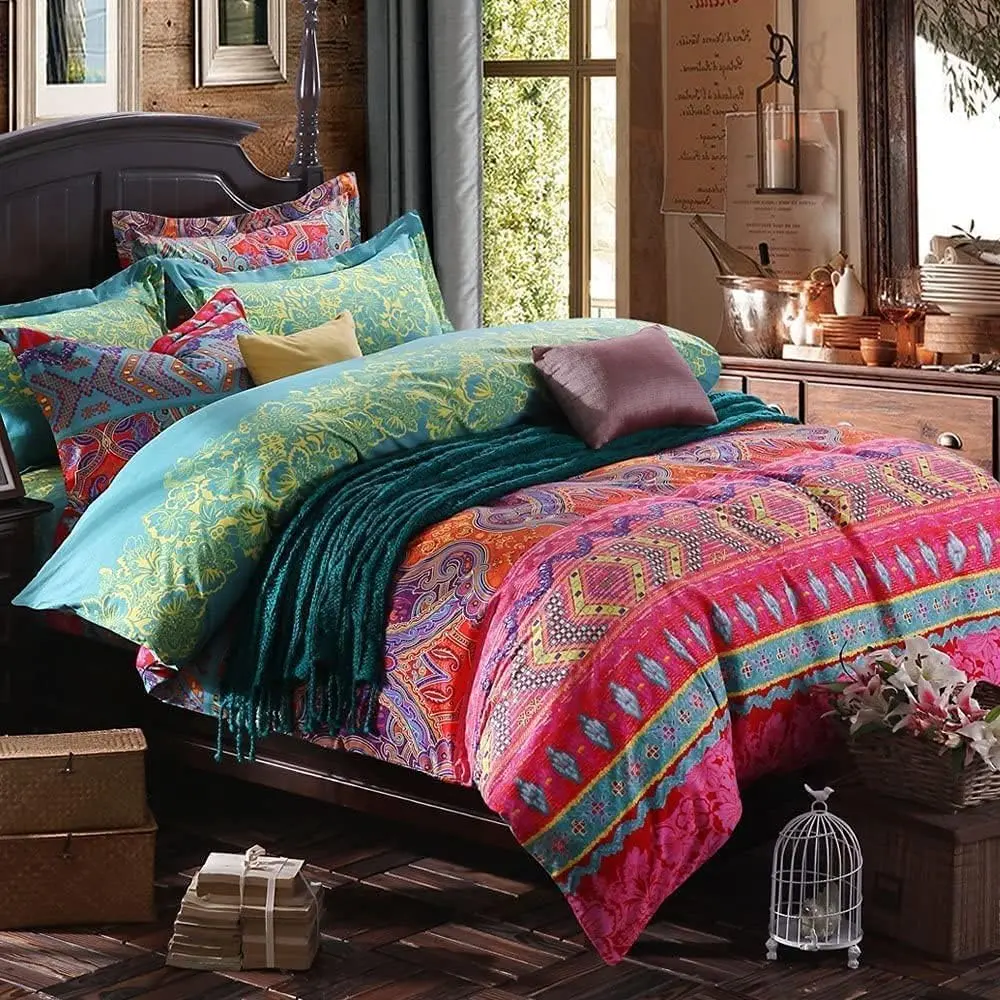 Boho King Size Comforter 3 Queen Comforter Lightweight Exotic Red Teal Bohemian Mandala Colorful Comforter for Seasons (King, Boho)